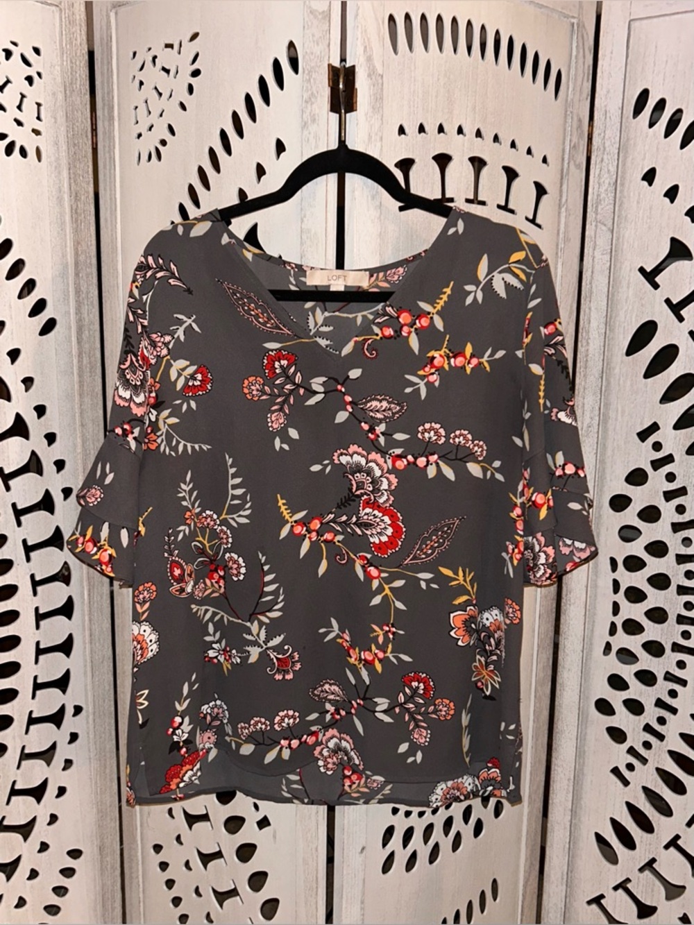 LOFT Gray Floral Short-Sleeve Blouse with Red & Yellow Accents